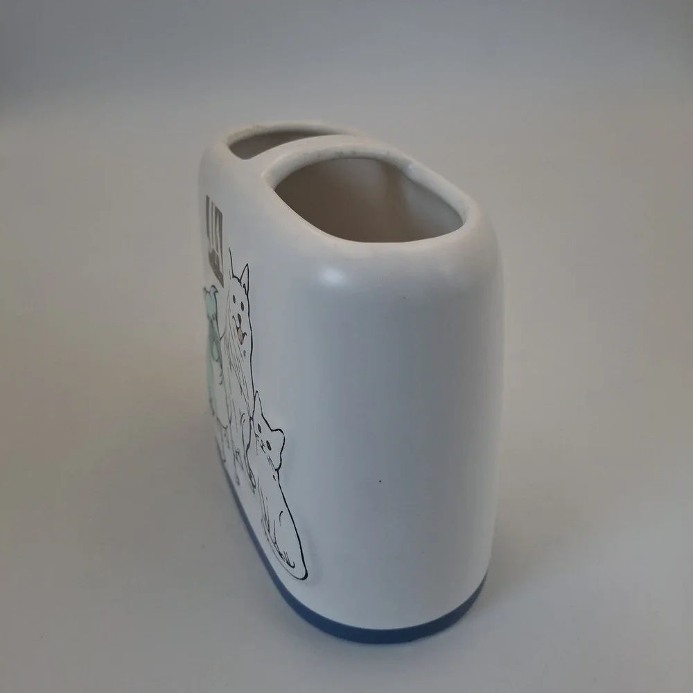 JLA‎ Bath Pet Friends Ceramic Toothbrush Holder White Blue Dogs Cat Bathroom Vtg